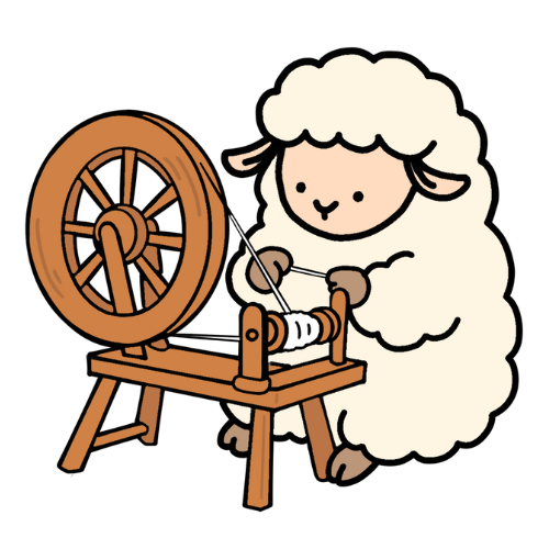 糸車で毛糸を紡ぐ羊のイラスト｜ウール毛糸とアレルギーの関係に関するイメージ画像